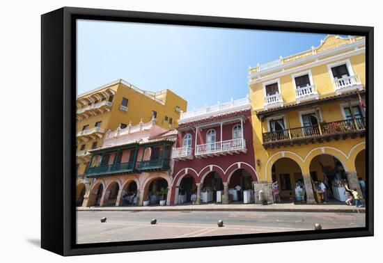 Traditional houses in the colorful old town of Cartagena, Colombia, South America-Alex Treadway-Framed Stretched Canvas