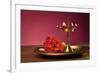 Traditional Indian Lamp and Flowers in a Plate-satel-Framed Photographic Print