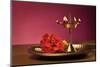 Traditional Indian Lamp and Flowers in a Plate-satel-Mounted Photographic Print