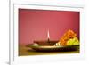Traditional Indian Lamp and Flowers.-satel-Framed Photographic Print