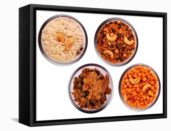 Traditional Indian Salty and Spicy Snacks in Bowls-smarnad-Framed Stretched Canvas