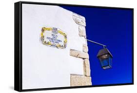 Traditional Local Street Sign and Street Lamp, Old Town, Albufeira, Algarve, Portugal, Europe-Charlie Harding-Framed Stretched Canvas