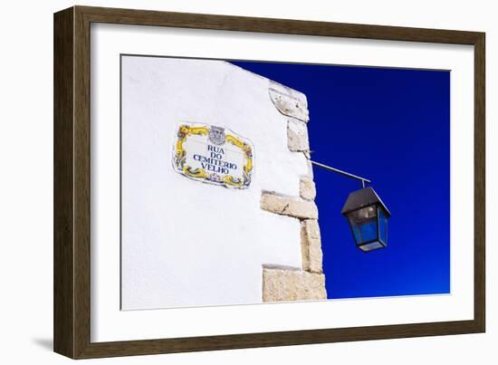 Traditional Local Street Sign and Street Lamp, Old Town, Albufeira, Algarve, Portugal, Europe-Charlie Harding-Framed Photographic Print