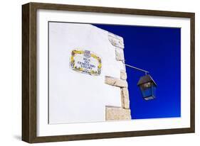 Traditional Local Street Sign and Street Lamp, Old Town, Albufeira, Algarve, Portugal, Europe-Charlie Harding-Framed Photographic Print