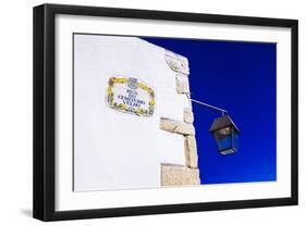 Traditional Local Street Sign and Street Lamp, Old Town, Albufeira, Algarve, Portugal, Europe-Charlie Harding-Framed Photographic Print