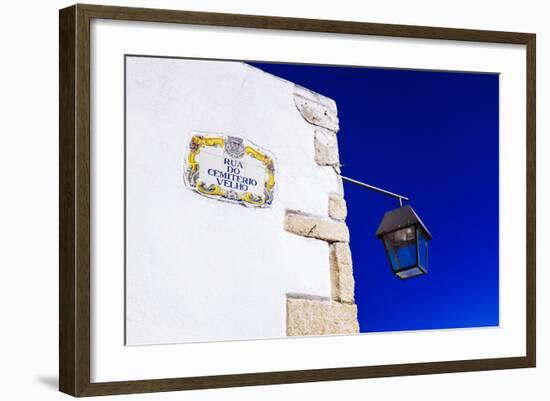 Traditional Local Street Sign and Street Lamp, Old Town, Albufeira, Algarve, Portugal, Europe-Charlie Harding-Framed Photographic Print