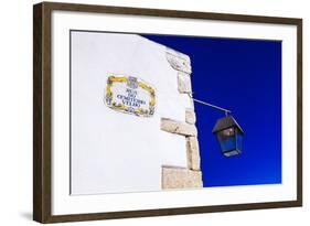 Traditional Local Street Sign and Street Lamp, Old Town, Albufeira, Algarve, Portugal, Europe-Charlie Harding-Framed Photographic Print