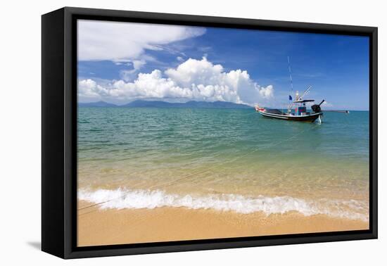 Traditional Long-Tailed Fishing Boat Moored Off Maenam Beach on the North Coast of Koh Samui-Lee Frost-Framed Stretched Canvas