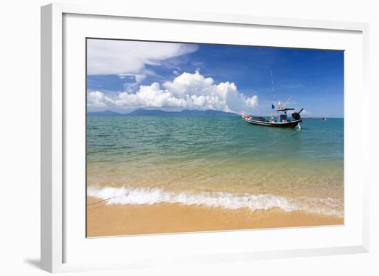 Traditional Long-Tailed Fishing Boat Moored Off Maenam Beach on the North Coast of Koh Samui-Lee Frost-Framed Photographic Print