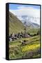 Traditional medieval Svanetian tower houses, Ushguli village, Shkhara Moutains behind, Svaneti regi-G&M Therin-Weise-Framed Stretched Canvas