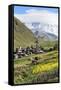 Traditional medieval Svanetian tower houses, Ushguli village, Shkhara Moutains behind, Svaneti regi-G&M Therin-Weise-Framed Stretched Canvas