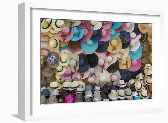 Traditional Panama hats and Sombreros for sale at a street market in Cartagena, Colombia-Alex Treadway-Framed Photographic Print