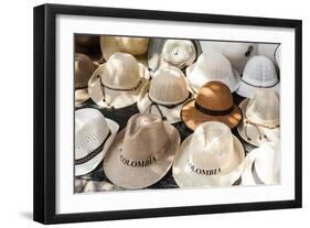 Traditional Panama hats for sale at a street market in Cartagena, Colombia, South America-Alex Treadway-Framed Photographic Print