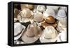 Traditional Panama hats for sale at a street market in Cartagena, Colombia, South America-Alex Treadway-Framed Stretched Canvas