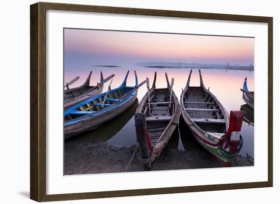 Traditional Rowing Boat Moored on the Edge of Flat Calm Taungthaman Lake at Dawn-Lee Frost-Framed Photographic Print