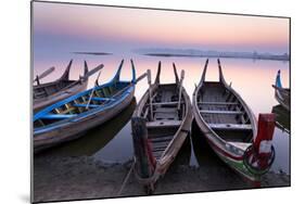 Traditional Rowing Boat Moored on the Edge of Flat Calm Taungthaman Lake at Dawn-Lee Frost-Mounted Photographic Print