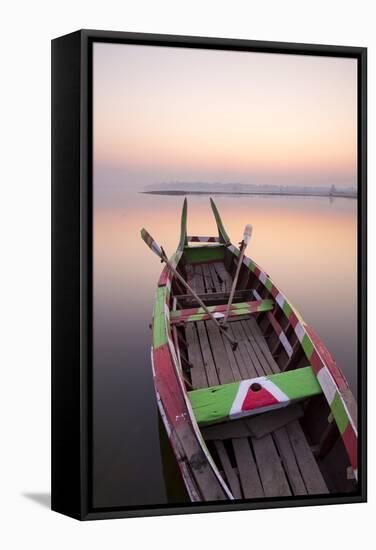 Traditional Rowing Boat Moored on the Edge of Flat Calm Taungthaman Lake at Dawn-Lee Frost-Framed Stretched Canvas