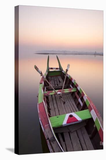 Traditional Rowing Boat Moored on the Edge of Flat Calm Taungthaman Lake at Dawn-Lee Frost-Stretched Canvas