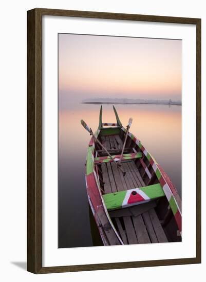 Traditional Rowing Boat Moored on the Edge of Flat Calm Taungthaman Lake at Dawn-Lee Frost-Framed Photographic Print