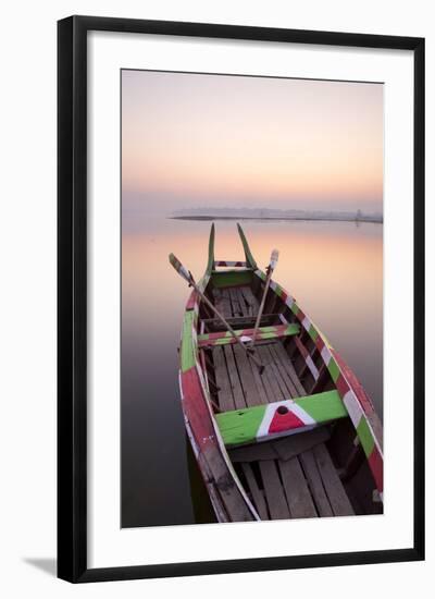 Traditional Rowing Boat Moored on the Edge of Flat Calm Taungthaman Lake at Dawn-Lee Frost-Framed Photographic Print