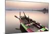 Traditional Rowing Boat Moored on the Edge of Flat Calm Taungthaman Lake at Dawn-Lee Frost-Mounted Photographic Print
