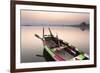 Traditional Rowing Boat Moored on the Edge of Flat Calm Taungthaman Lake at Dawn-Lee Frost-Framed Photographic Print