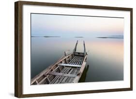 Traditional Rowing Boat Moored on the Edge of Flat Calm Taungthaman Lake at Dawn-Lee Frost-Framed Photographic Print