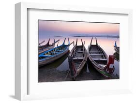 Traditional Rowing Boat Moored on the Edge of Flat Calm Taungthaman Lake at Dawn-Lee Frost-Framed Photographic Print