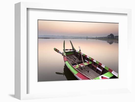 Traditional Rowing Boat Moored on the Edge of Flat Calm Taungthaman Lake at Dawn-Lee Frost-Framed Photographic Print