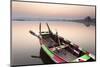 Traditional Rowing Boat Moored on the Edge of Flat Calm Taungthaman Lake at Dawn-Lee Frost-Mounted Photographic Print