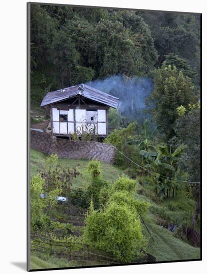 Traditional Small Bhutanese House with Smoke Coming from Roof from Open Fire Inside, Near Trongsa, -Lee Frost-Mounted Photographic Print