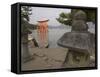 Traditional Stone Candle Stands with Floating Torii Beyond, Itsuku Shima Jinja, Honshu, Japan-Simanor Eitan-Framed Stretched Canvas