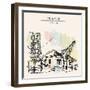 Traditional Tongkonan Houses in Tana Toraja, Sulawesi, Indonesia, Asia. Travel Sketch. Hand-Drawn V-babayuka-Framed Art Print