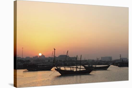 Traditional Wooden Dhow Boats in the Corniche Marina, at Sunset in Doha, Qatar, Middle East-Stuart-Stretched Canvas