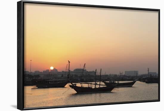 Traditional Wooden Dhow Boats in the Corniche Marina, at Sunset in Doha, Qatar, Middle East-Stuart-Framed Photographic Print