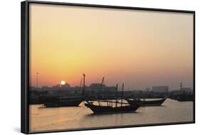 Traditional Wooden Dhow Boats in the Corniche Marina, at Sunset in Doha, Qatar, Middle East-Stuart-Framed Photographic Print