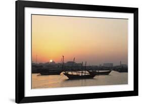 Traditional Wooden Dhow Boats in the Corniche Marina, at Sunset in Doha, Qatar, Middle East-Stuart-Framed Photographic Print