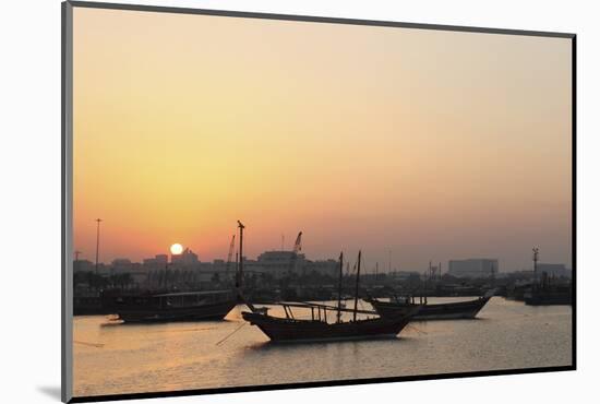 Traditional Wooden Dhow Boats in the Corniche Marina, at Sunset in Doha, Qatar, Middle East-Stuart-Mounted Photographic Print