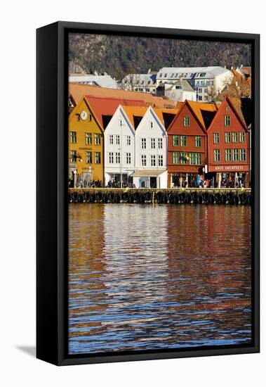 Traditional Wooden Hanseatic Merchants Buildings of the Bryggen, in Harbour, Bergen, Norway-Robert Harding-Framed Stretched Canvas