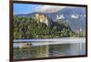 Traditional wooden pletnja rowing boat to ferry tourists to St. Mary's Church of Assumption on the-Miva Stock-Framed Photographic Print