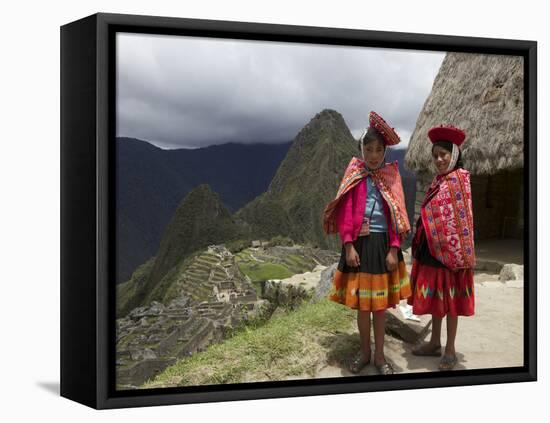 Traditionally Dressed Children by Machu Picchu, UNESCO World Heritage Site, Vilcabamba Mtns, Peru-Simon Montgomery-Framed Stretched Canvas