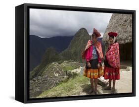 Traditionally Dressed Children by Machu Picchu, UNESCO World Heritage Site, Vilcabamba Mtns, Peru-Simon Montgomery-Framed Stretched Canvas