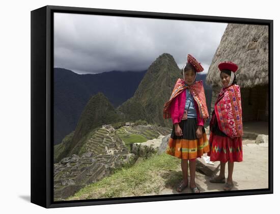 Traditionally Dressed Children by Machu Picchu, UNESCO World Heritage Site, Vilcabamba Mtns, Peru-Simon Montgomery-Framed Stretched Canvas