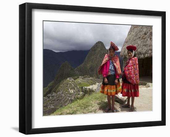 Traditionally Dressed Children by Machu Picchu, UNESCO World Heritage Site, Vilcabamba Mtns, Peru-Simon Montgomery-Framed Premium Photographic Print