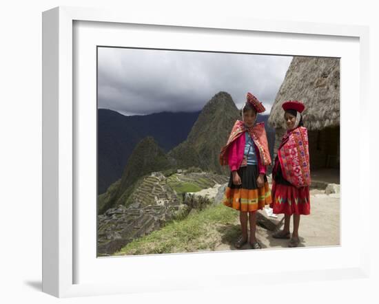 Traditionally Dressed Children by Machu Picchu, UNESCO World Heritage Site, Vilcabamba Mtns, Peru-Simon Montgomery-Framed Premium Photographic Print