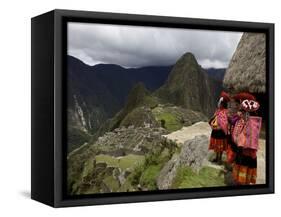 Traditionally Dressed Children Looking over the Ruins of Machu Picchu, UNESCO World Heritage Site, -Simon Montgomery-Framed Stretched Canvas