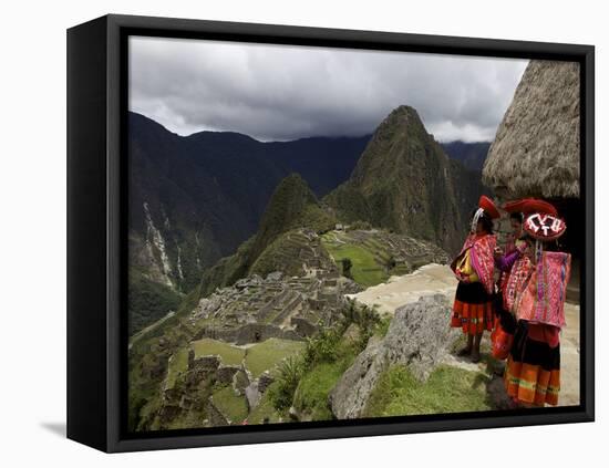 Traditionally Dressed Children Looking over the Ruins of Machu Picchu, UNESCO World Heritage Site, -Simon Montgomery-Framed Stretched Canvas