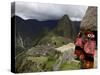 Traditionally Dressed Children Looking over the Ruins of Machu Picchu, UNESCO World Heritage Site, -Simon Montgomery-Stretched Canvas