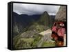 Traditionally Dressed Children Looking over the Ruins of Machu Picchu, UNESCO World Heritage Site, -Simon Montgomery-Framed Stretched Canvas