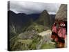 Traditionally Dressed Children Looking over the Ruins of Machu Picchu, UNESCO World Heritage Site, -Simon Montgomery-Stretched Canvas